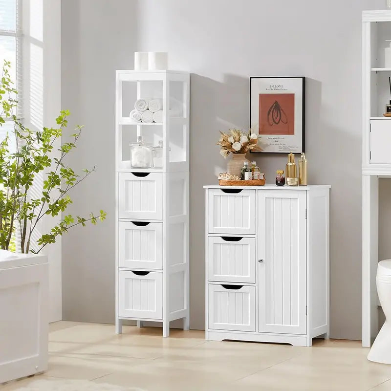 Yaheetech Freestanding Bathroom Floor Cabinet – Two-Drawer White Wooden Organizer with Side Rack & Shelf