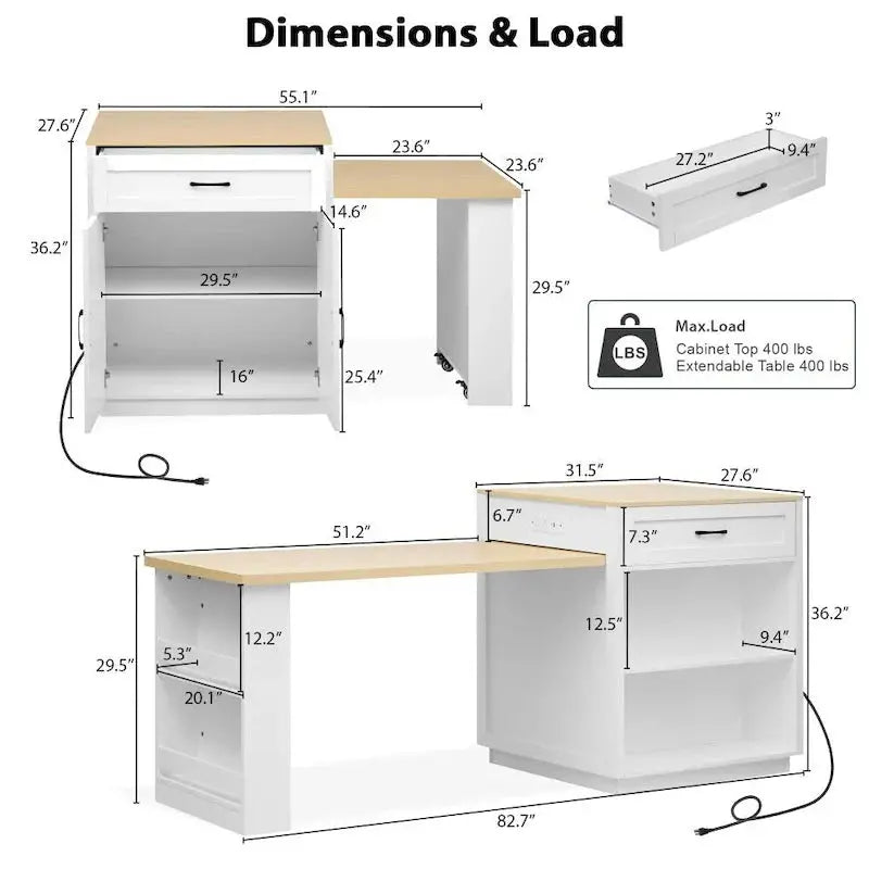 Wooden Extendable Kitchen Island for 4–6 People with Dual Storage Compartments