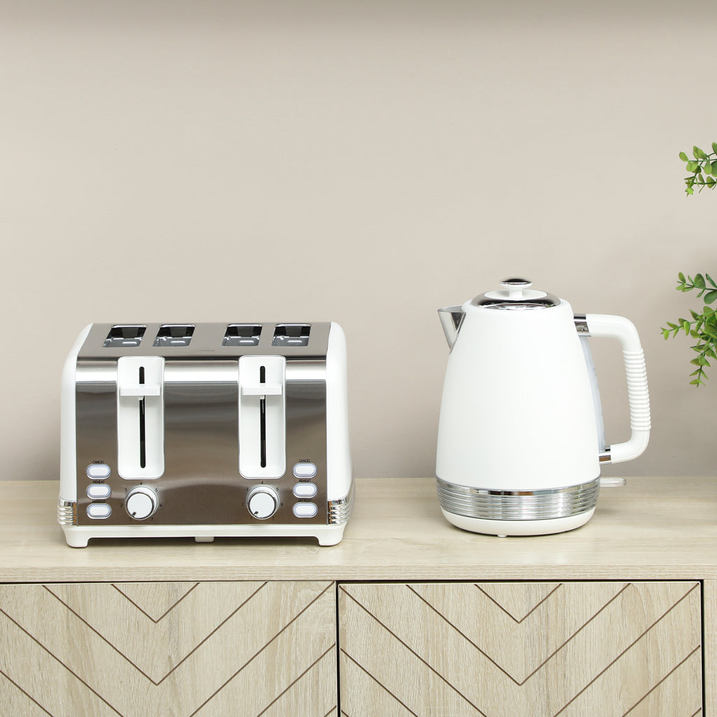 HOMCOM Wasserkocher und Toaster Set, Edelstahl Wasserkocher 1,7 L und 2200 W und 4-Scheiben Toaster, Weiß