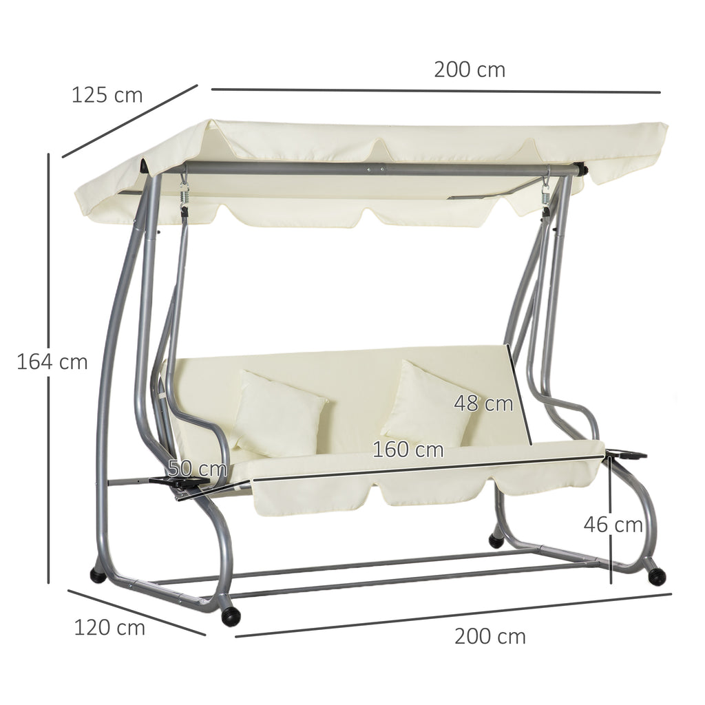 Outsunny Schaukelstuhl 3-Sitzer Gartenschaukel Hollywoodschaukel mit Sitz- und Rückenlehnen Tablett Schwingbank Sitzbank Dachwinkel verstellbar Stahl Polyestergewebe 200 x 120 x 164 cm Beige