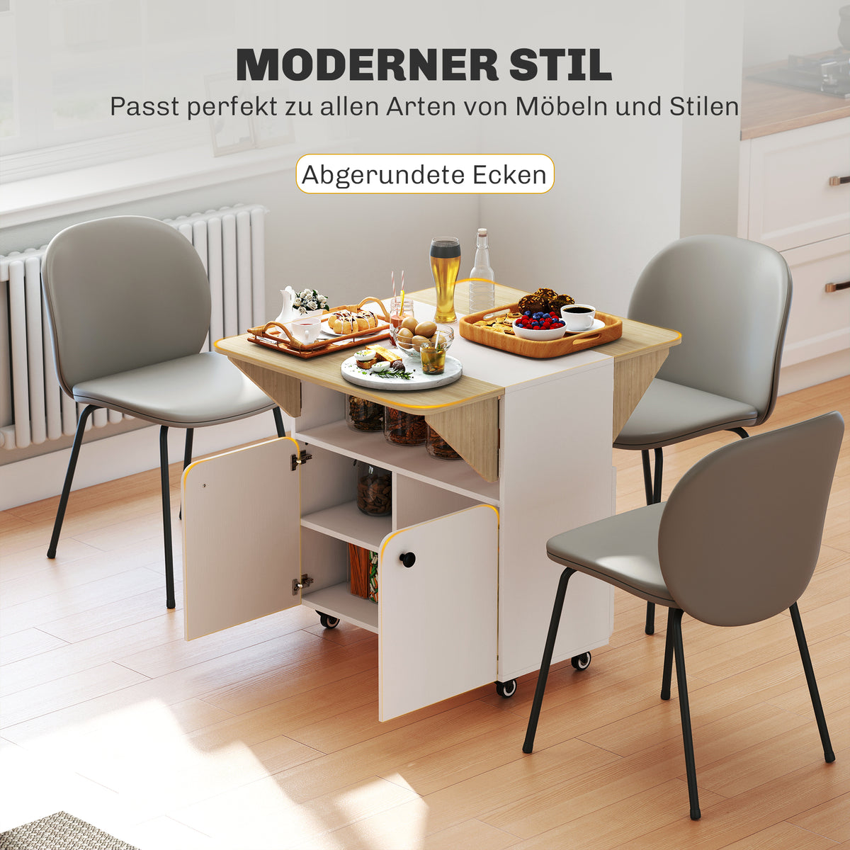 HOMCOM Klapptisch Rollschrank, zwei klappbare Tischseiten, Schrankfach, 4 Rollen, Weiß+Naturholz, 70 x 83 x 75cm