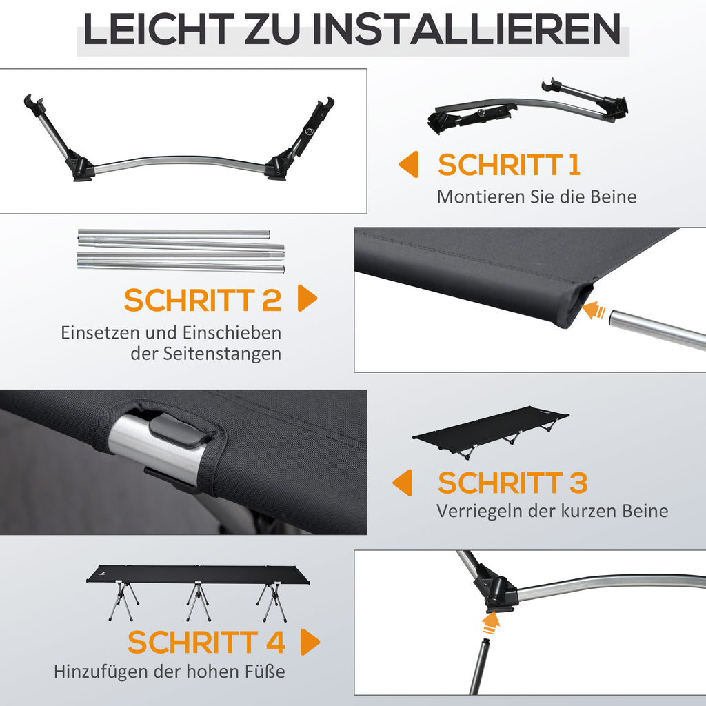 Outsunny Campingbett Klappbar Aluminium Feldbett Klappbett mit Tragetasche höhenverstellbar bis 150 kg belastbar Oxford Schwarz 190 x 65 x 38 cm