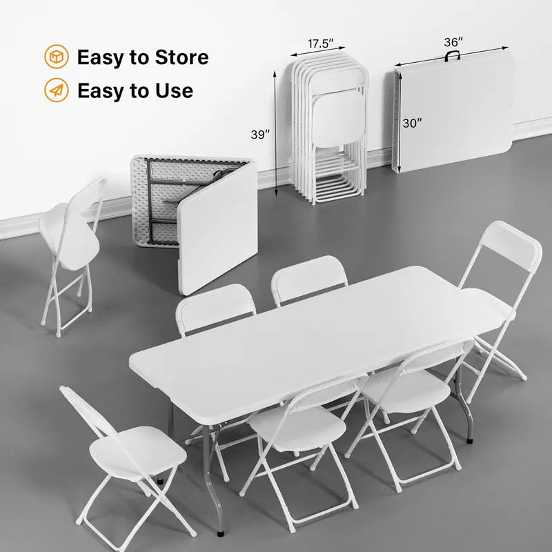 VINGLI 6-Foot Folding Table Set — Includes 8 Stackable White Chairs for Indoor/Outdoor Events