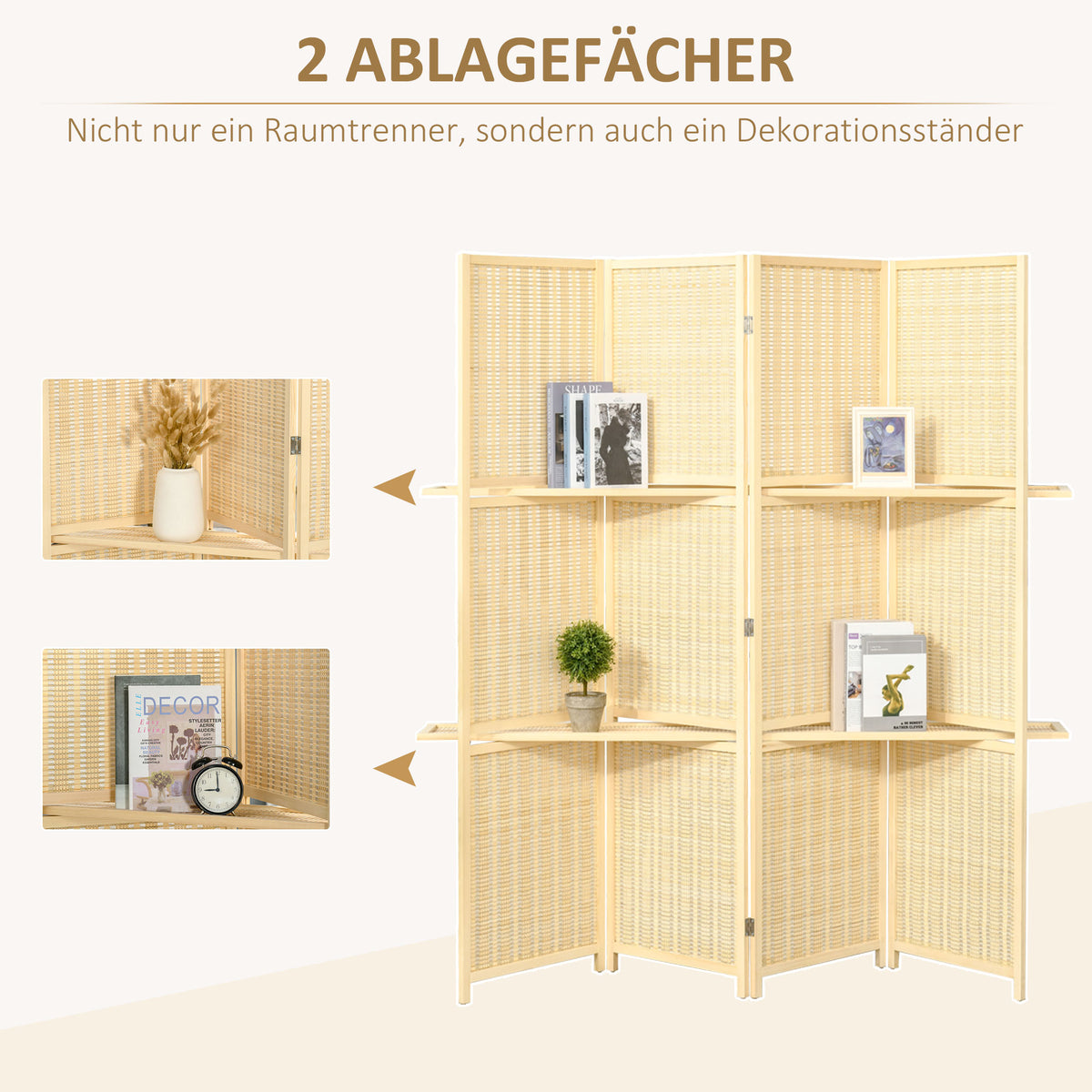 HOMCOM Raumteiler, Raumtrenner aus Bambus, 2 Regale, faltbar, Fußpads, Natur