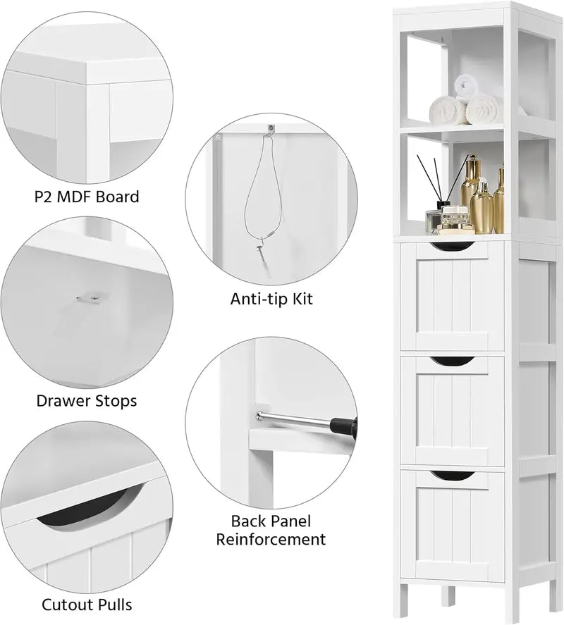 Yaheetech Freestanding Bathroom Floor Cabinet – Two-Drawer White Wooden Organizer with Side Rack & Shelf