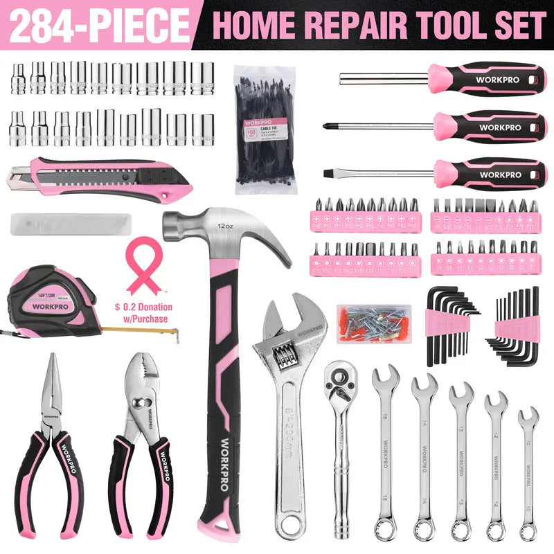 WORKPRO Complete Household Tool Set – 258 or 284 Pieces, Pink Ribbon Design