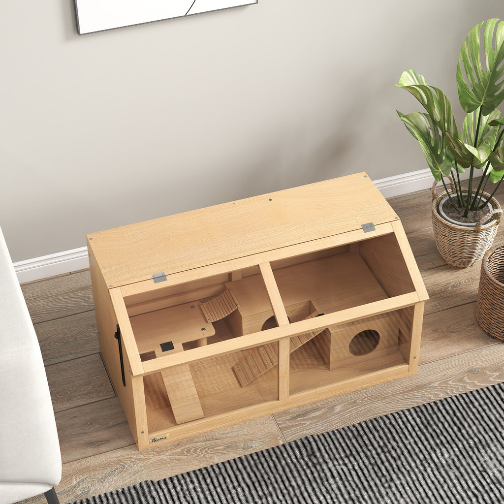 PawHut Hamsterkäfig für syrische Hamster und Zwerghamster, mit Plattform, Hängebrücke, Hütte, 85x45x44 cm