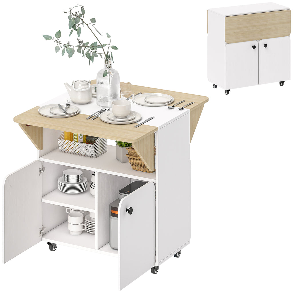 HOMCOM Klapptisch Rollschrank, zwei klappbare Tischseiten, Schrankfach, 4 Rollen, Weiß+Naturholz, 70 x 83 x 75cm
