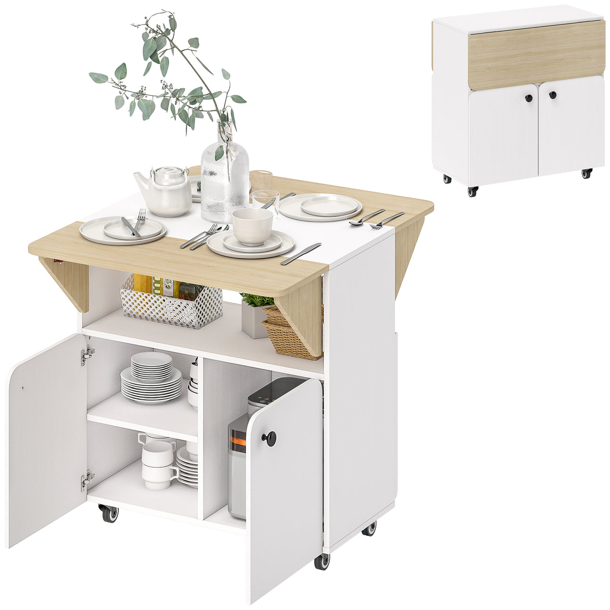 HOMCOM Klapptisch Rollschrank, zwei klappbare Tischseiten, Schrankfach, 4 Rollen, Weiß+Naturholz, 70 x 83 x 75cm