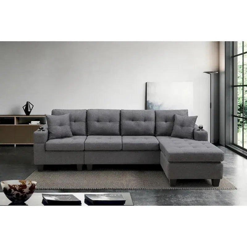 L-Shaped Sectional Sofa with Chaise Lounge – Living Room Set Featuring Built-in Cup Holders