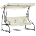 Outsunny Schaukelstuhl 3-Sitzer Gartenschaukel Hollywoodschaukel mit Sitz- und Rückenlehnen Tablett Schwingbank Sitzbank Dachwinkel verstellbar Stahl Polyestergewebe 200 x 120 x 164 cm Beige