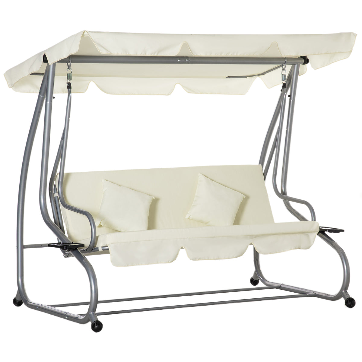 Outsunny Schaukelstuhl 3-Sitzer Gartenschaukel Hollywoodschaukel mit Sitz- und Rückenlehnen Tablett Schwingbank Sitzbank Dachwinkel verstellbar Stahl Polyestergewebe 200 x 120 x 164 cm Beige