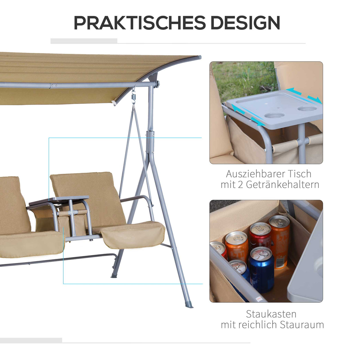 Outsunny Hollywoodschaukel Gartenschaukel Schaukel 2-Sitzer mit Sonnendach Beige 175 x 112 x 165 cm