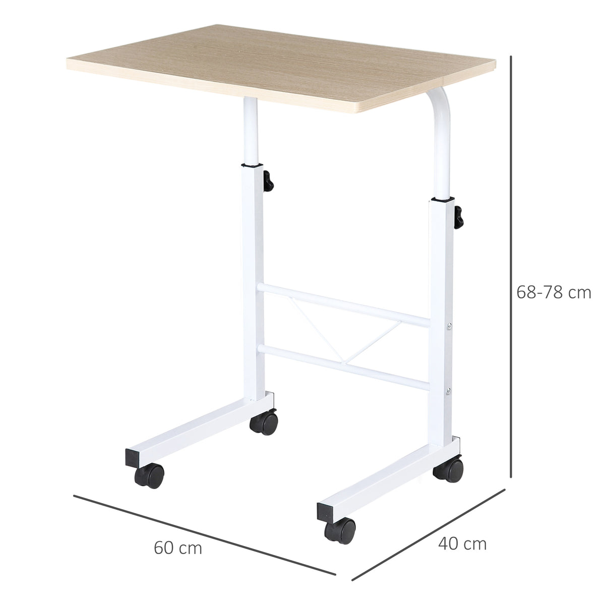HOMCOM Beistelltisch höhenverstellbarer Couchtisch mobiler Endschreibtisch mit Rädern Feststellbremsen C-Tische Spanplatte Stahl Eisen Kunststoff Weiße Ahornfarbe 60 x 40 x 68-78 cm