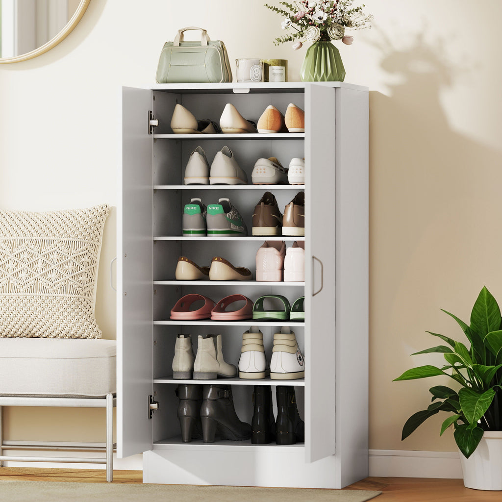 HOMCOM Schuhschrank mit Soft-Close-Scharnieren, verstellbare Regale, 6-stufiges Schuhregal für Flur, Eingangsbereich, für 14 Paare, 55 x 35 x 108 cm, Holz, Weiß