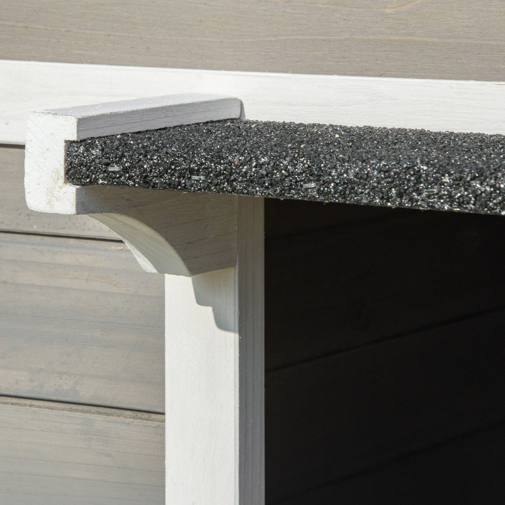 PawHut Katzenhaus aus Holz Winterfest wasserdicht Katzenhütte mit Asphaltdach  Terrasse Katzenhöhle Katzenkiste Outdoor Schutzhütte für Draußen Garten Balkon 115 x 66,5 x 74,7 cm Grau+Weiß