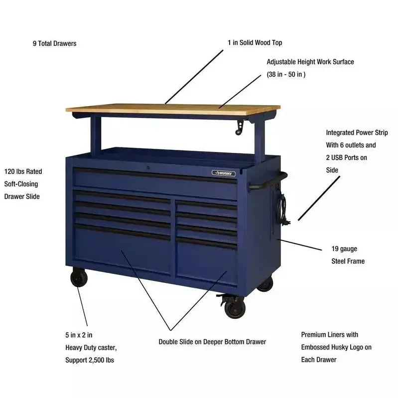 Heavy-Duty 52-Inch Mobile Workbench – 9-Drawer Unit with Adjustable Solid Wood Top in Matte Blue Finish