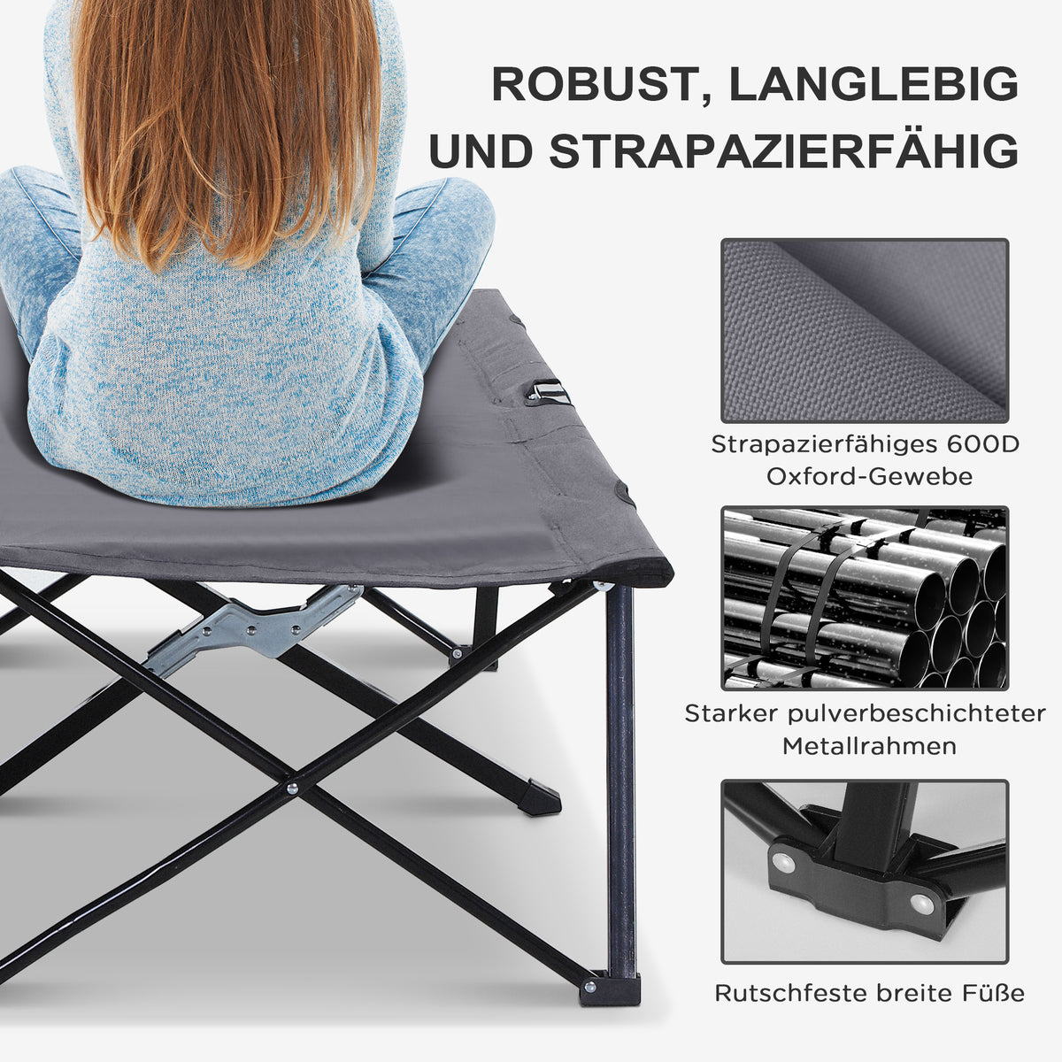 Outsunny Campingliege, Campingbett für bis zu 2 Personen, 193L x 125B x 40H cm, Grau