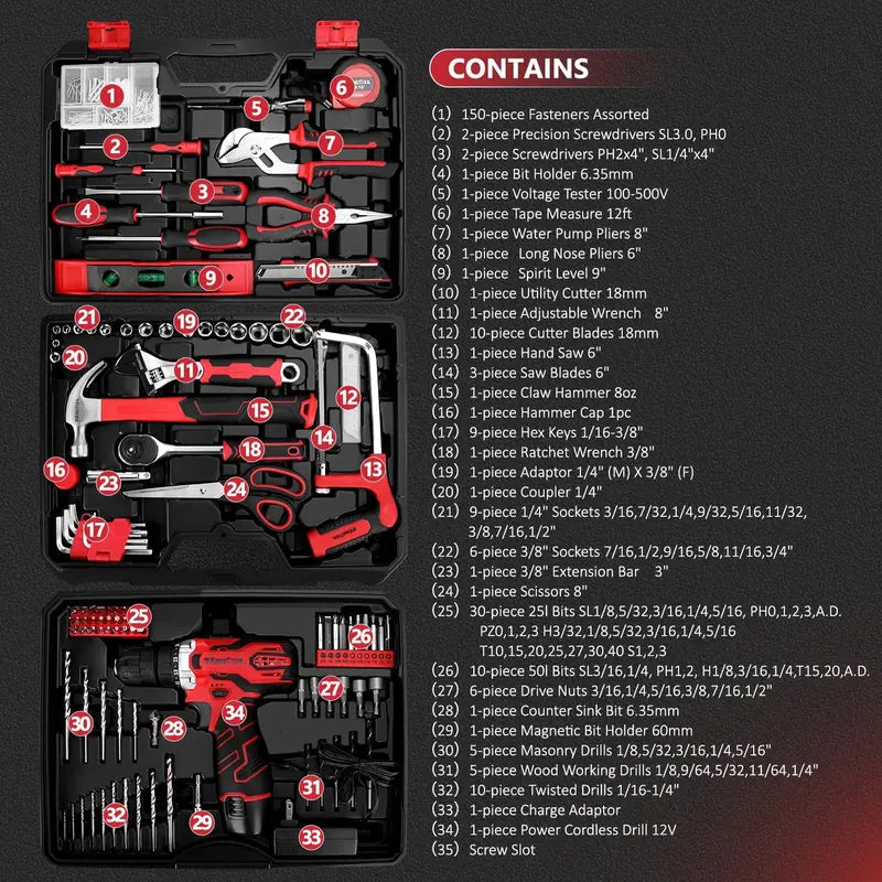 KingTool 276-Piece Cordless Tool Kit – Includes 12V Drill, Bits, and Organized Storage Case