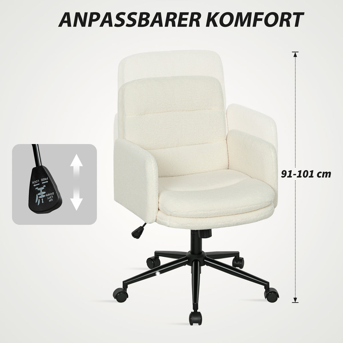 HOMCOM Fahrbarer Bürostuhl mit Stoffbezug, Armlehne, 5 Räder, drehbar, Cremeweiß