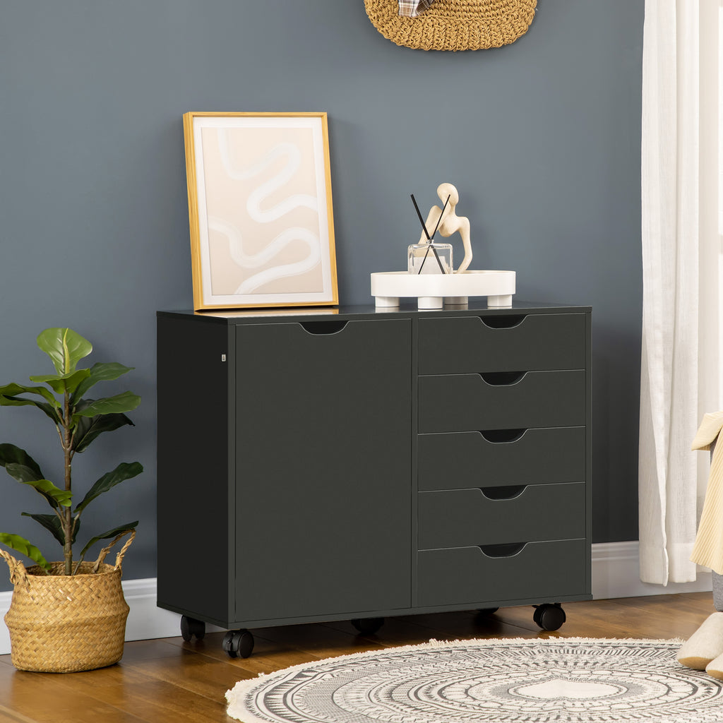 HOMCOM Bürowagen mit 5 Schubladen 1 Tür verstellbarem Regal, Druckerstand auf Rollen, 78x40x66,5 cm, Schwarz