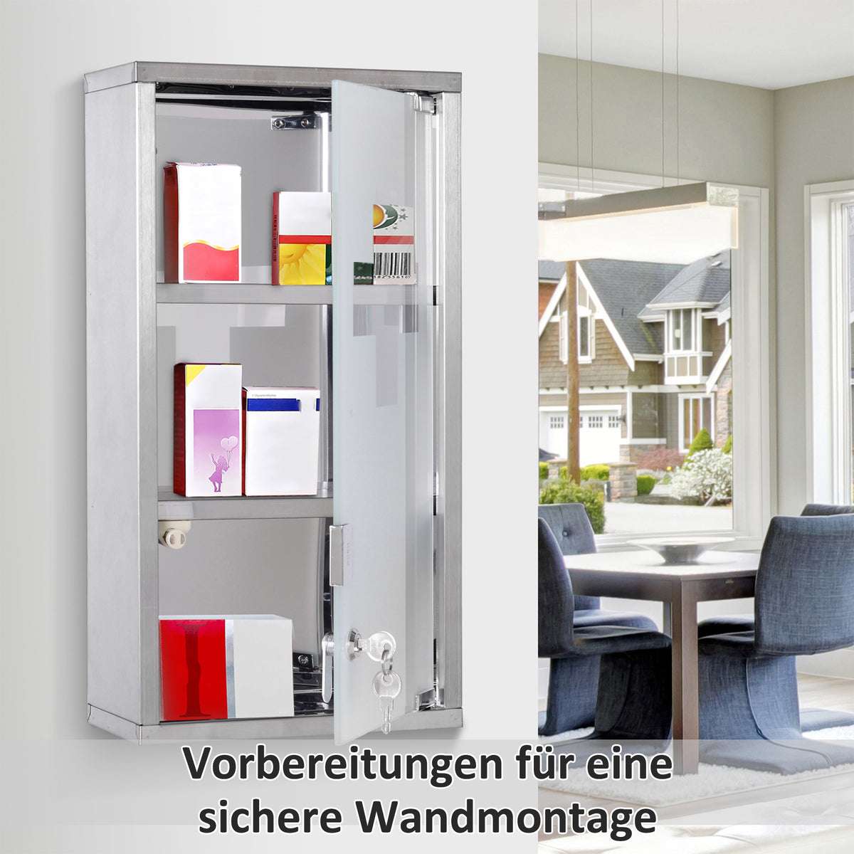 Medizinschrank Arzneischrank Erste-Hilfe-Schrank mit Schloss 3 Fächer Edelstahl Silber 25 x 12 x 48 cm