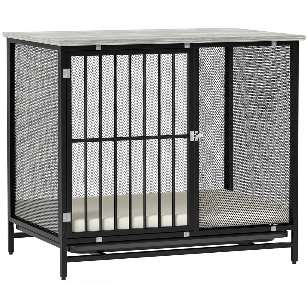 PawHut Hundebox mit gepolsterter Liegefläche, erhöhte Bodenwanne, verstellbare Füße, 80x55x71 cm, Eiche/Schwarz