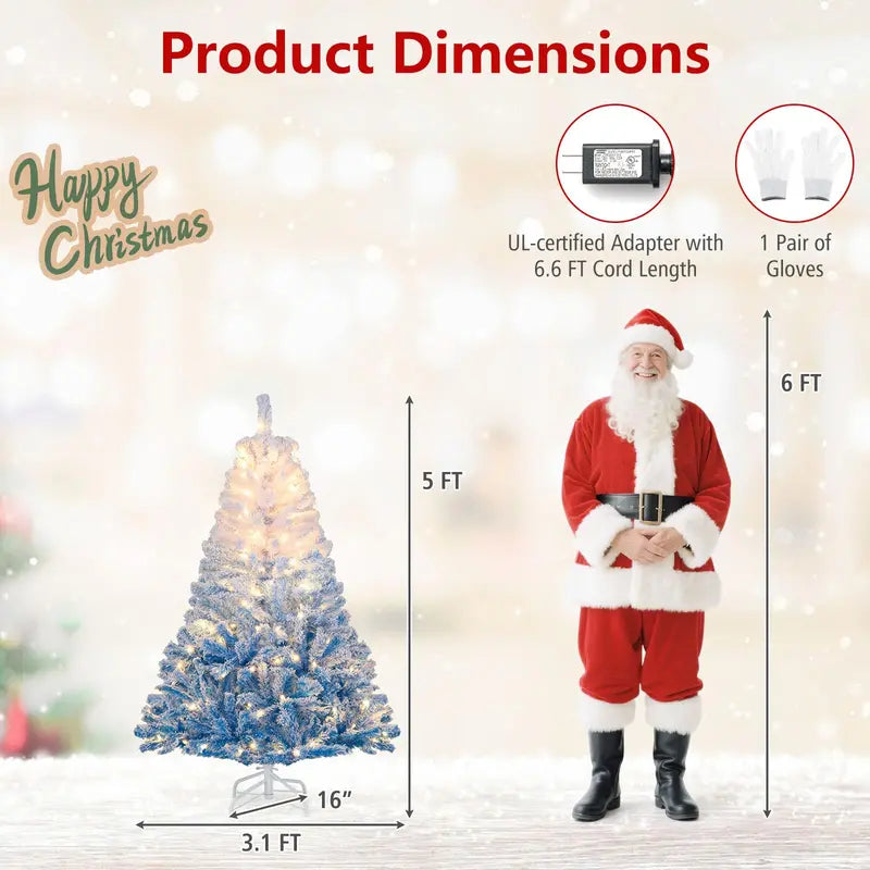 Pre-Lit Snow-Flocked Artificial Christmas Tree with Hinged Construction and Full Branch Profile