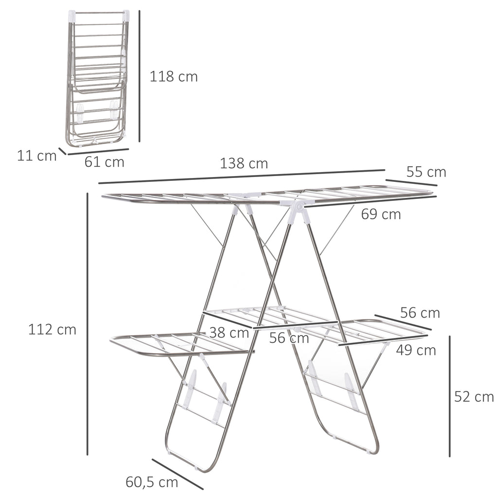 HOMCOM Wäscheständer Standtrockner faltbar 3-stufiger Flügelwäschetrockner Trockengestell Trockenständer Edelstahl Kunststoff Silber Weiß 138 x 60,5 x 112 cm