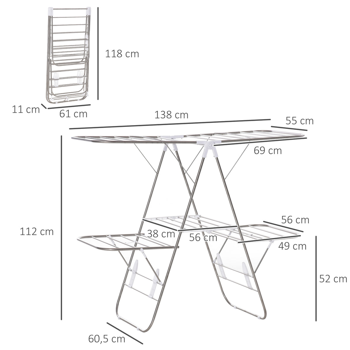 HOMCOM Wäscheständer Standtrockner faltbar 3-stufiger Flügelwäschetrockner Trockengestell Trockenständer Edelstahl Kunststoff Silber Weiß 138 x 60,5 x 112 cm