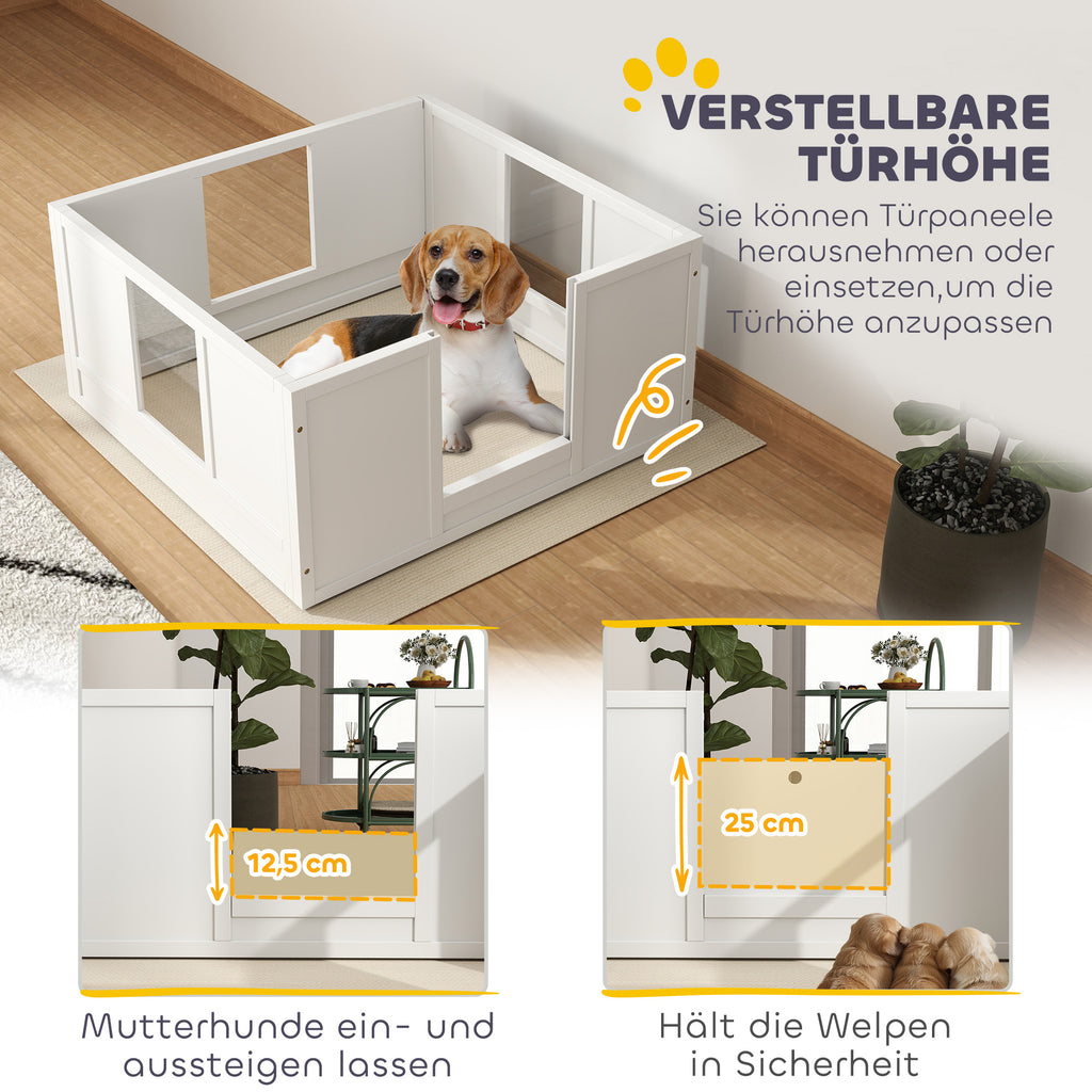 PawHut Welpenbox für kleine und mittelgroße Hunde, Hunde-Wurfbox mit anpassbarem Eingang, rutschfesten Fußpads, Weiß