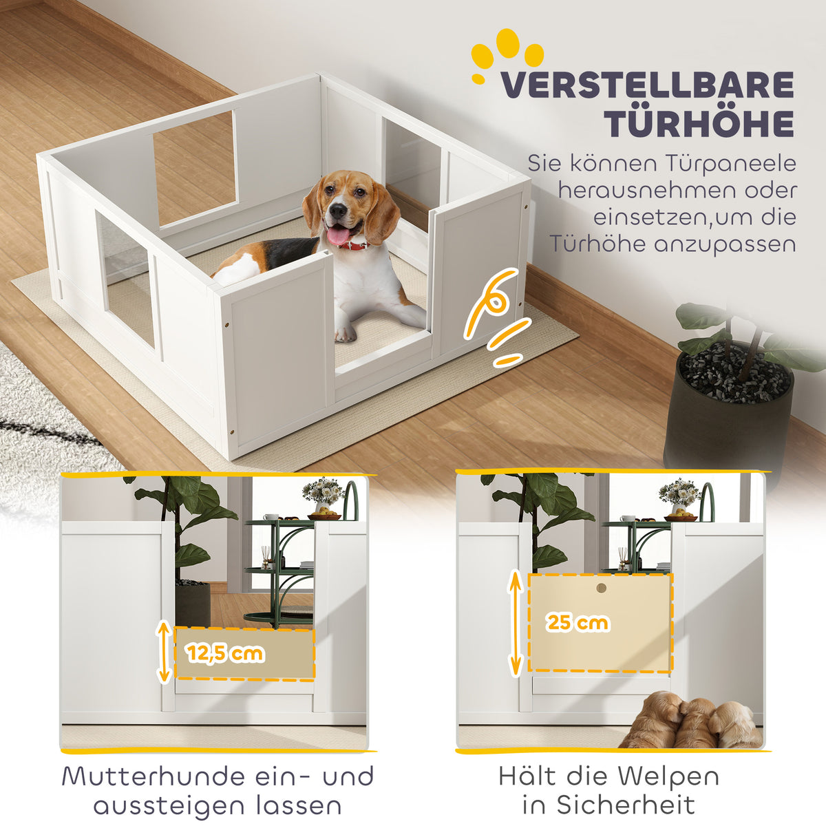PawHut Welpenbox für kleine und mittelgroße Hunde, Hunde-Wurfbox mit anpassbarem Eingang, rutschfesten Fußpads, Weiß
