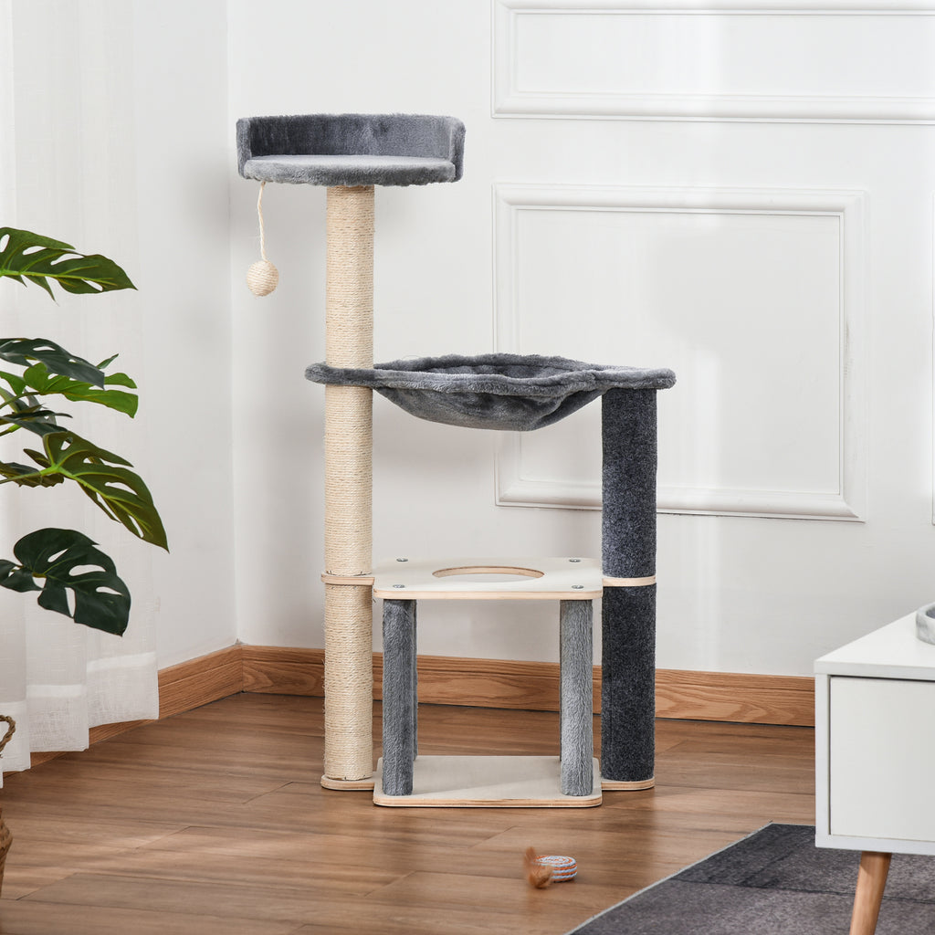 PawHut Kratzbaum für Katzen Hoch 95cm, Katzenbaum mit Mehreren Ebenen, Höhle, Hängematte, Spielball, Haus und Sisalseilen, 48x34x95cm, Grau