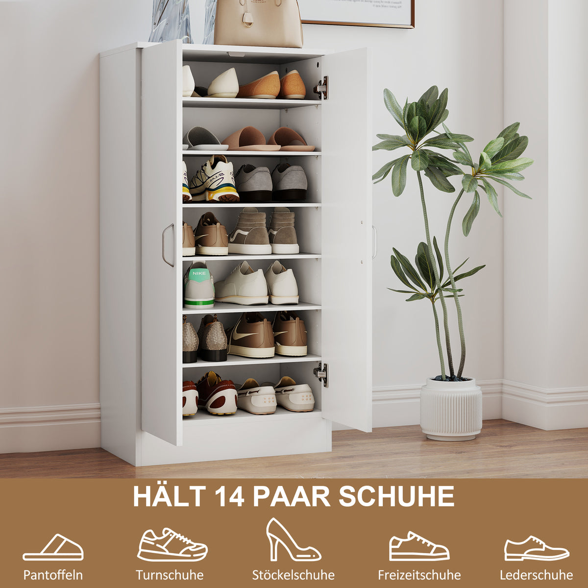 HOMCOM Schuhschrank mit Soft-Close-Scharnieren, verstellbare Regale, 6-stufiges Schuhregal für Flur, Eingangsbereich, für 14 Paare, 55 x 35 x 108 cm, Holz, Weiß