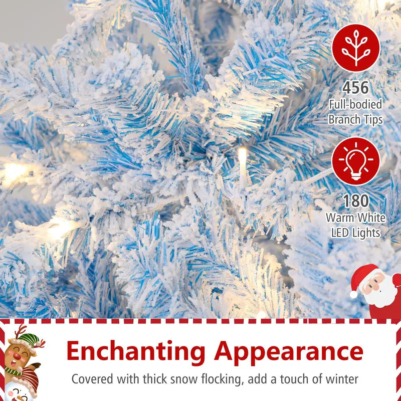 Pre-Lit Snow-Flocked Artificial Christmas Tree with Hinged Construction and Full Branch Profile