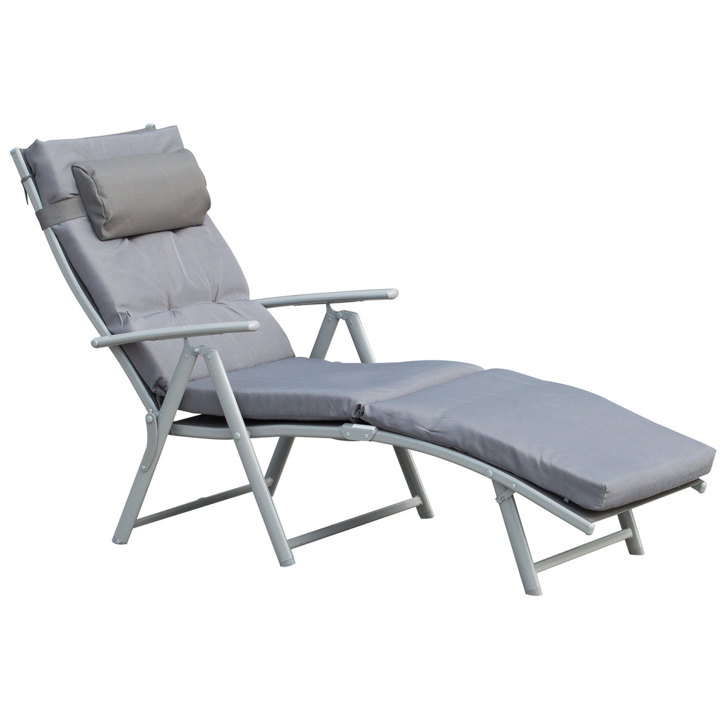 Outsunny Sonnenliege klappbar Strandliege mit Kopfkissen Sitzkissen Liegestuhl mit 7-Fach verstellbare Rückenlehne Gartenliege Relaxliege bis 165 kg belastbar, für Garten Urlaub Outdoor, Grau