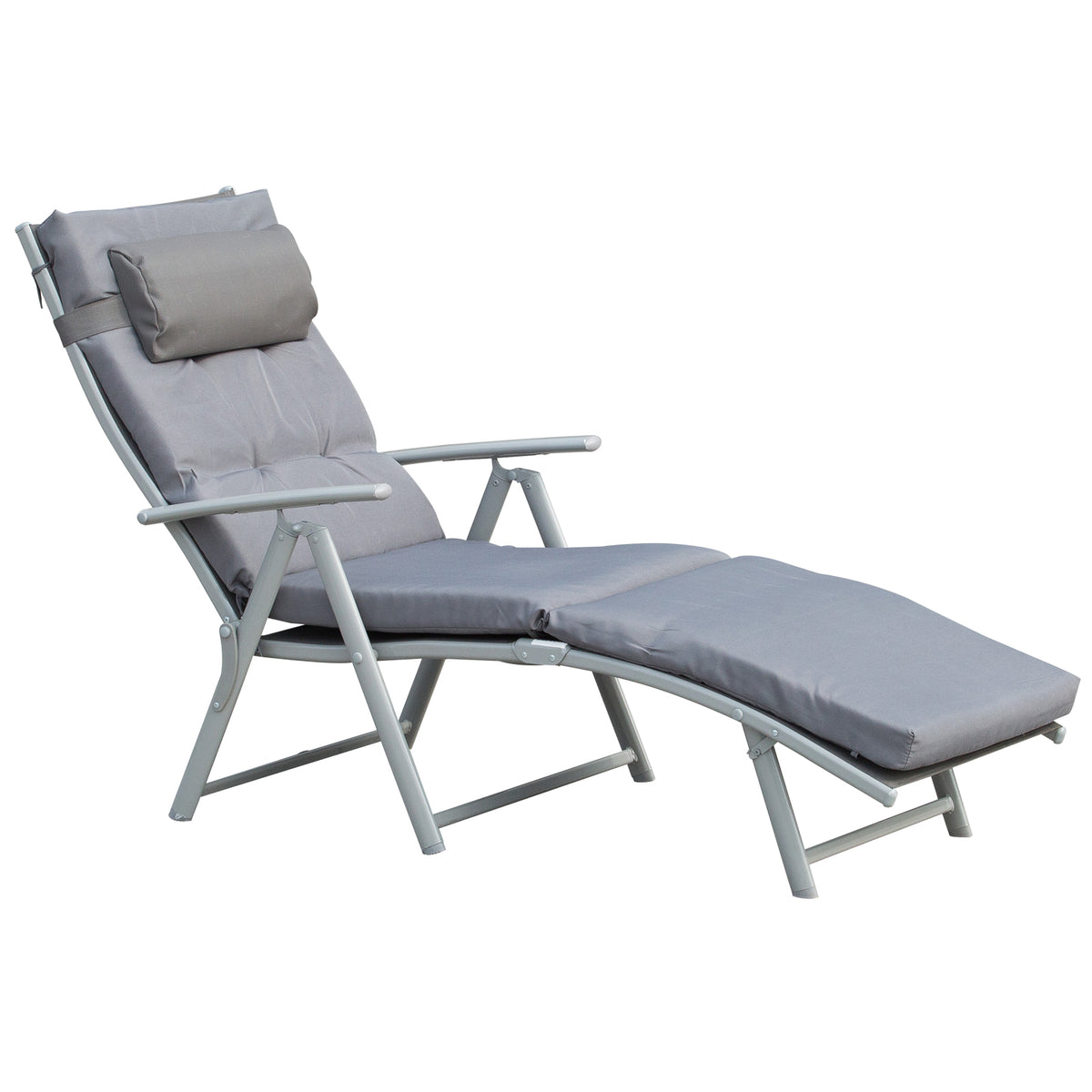 Outsunny Sonnenliege klappbar Strandliege mit Kopfkissen Sitzkissen Liegestuhl mit 7-Fach verstellbare Rückenlehne Gartenliege Relaxliege bis 165 kg belastbar, für Garten Urlaub Outdoor, Grau