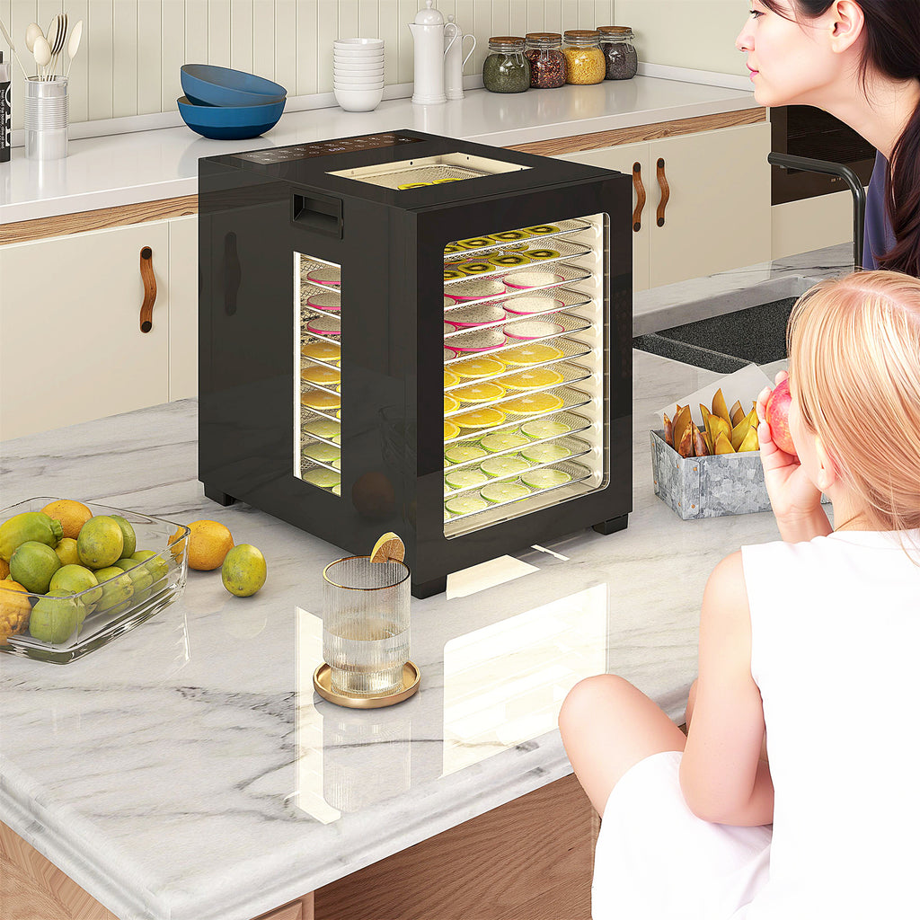 HOMCOM Dörrautomat Dörrgerät, 850 W, 40-70°C Temperaturregler, 48 Std. Timer, 12 Einlegefächer Edelstahl Schwarz
