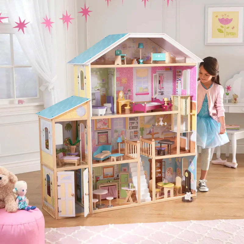KidKraft Majestic Mansion Wooden Dollhouse – Three-Story Playset with 34 Accessories Included