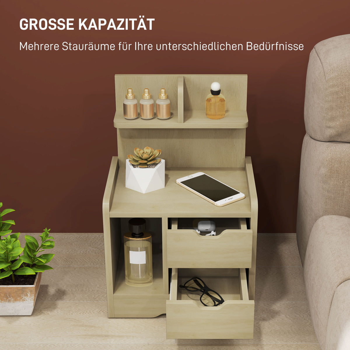 HOMCOM Nachttisch mit 2 Schubladen, offener Ablage, 40x30x60 cm, Holzdekor