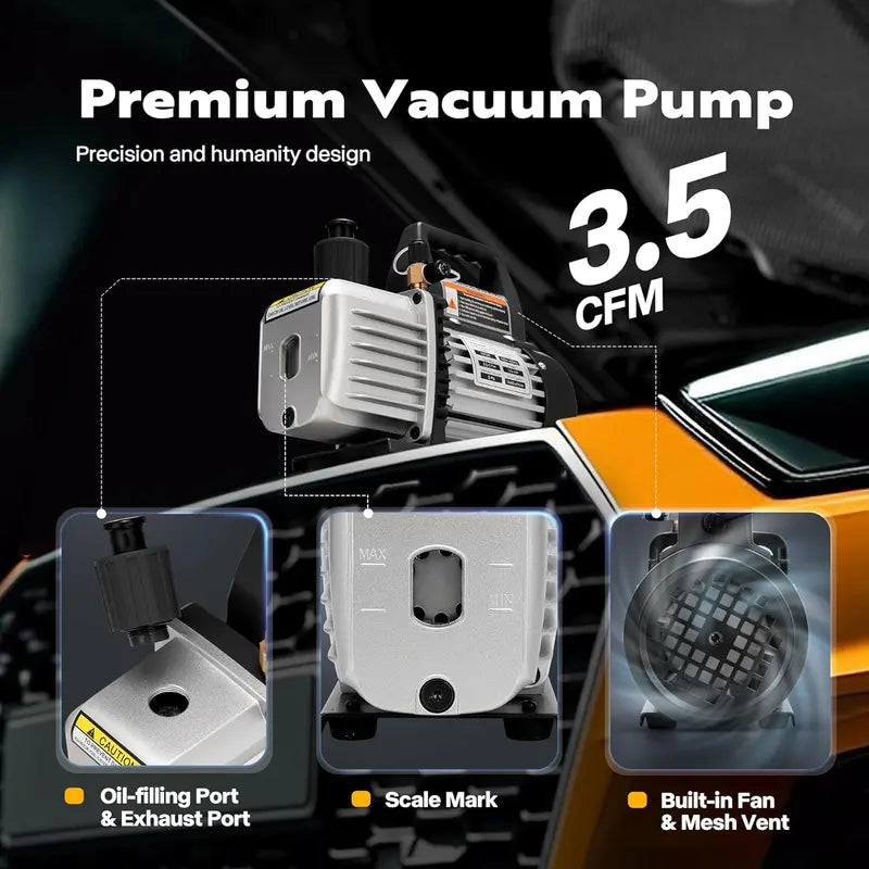 HVAC Vacuum Pump & Manifold Gauge Kit — 110V, 1/4 HP, 3.5 CFM, R134a/R410a Compatible