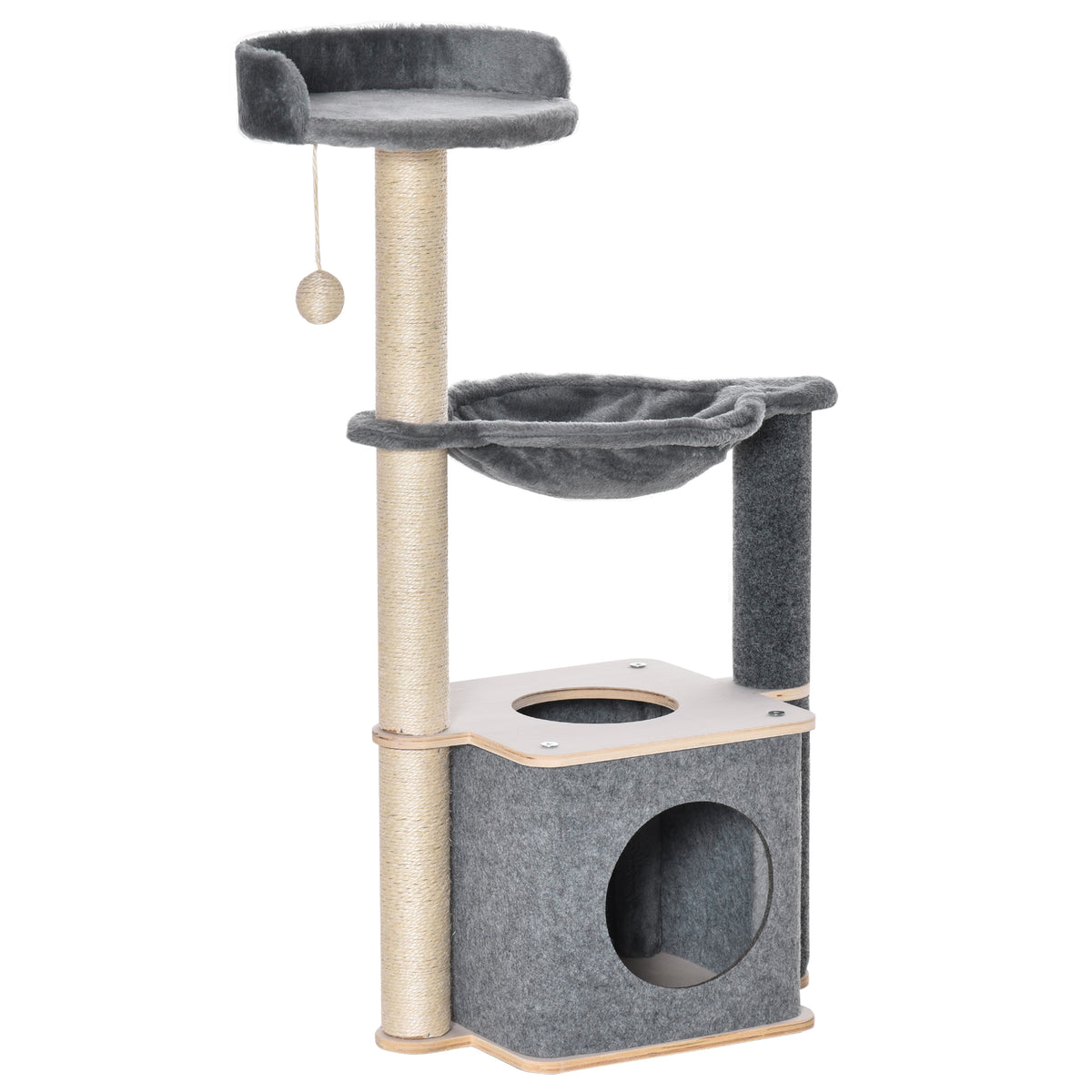 PawHut Kratzbaum für Katzen Hoch 95cm, Katzenbaum mit Mehreren Ebenen, Höhle, Hängematte, Spielball, Haus und Sisalseilen, 48x34x95cm, Grau