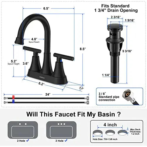 Hurran 3-Hole Matte Black Bathroom Faucet Set with Pop-Up Drain – 4-Inch Centerspread Design