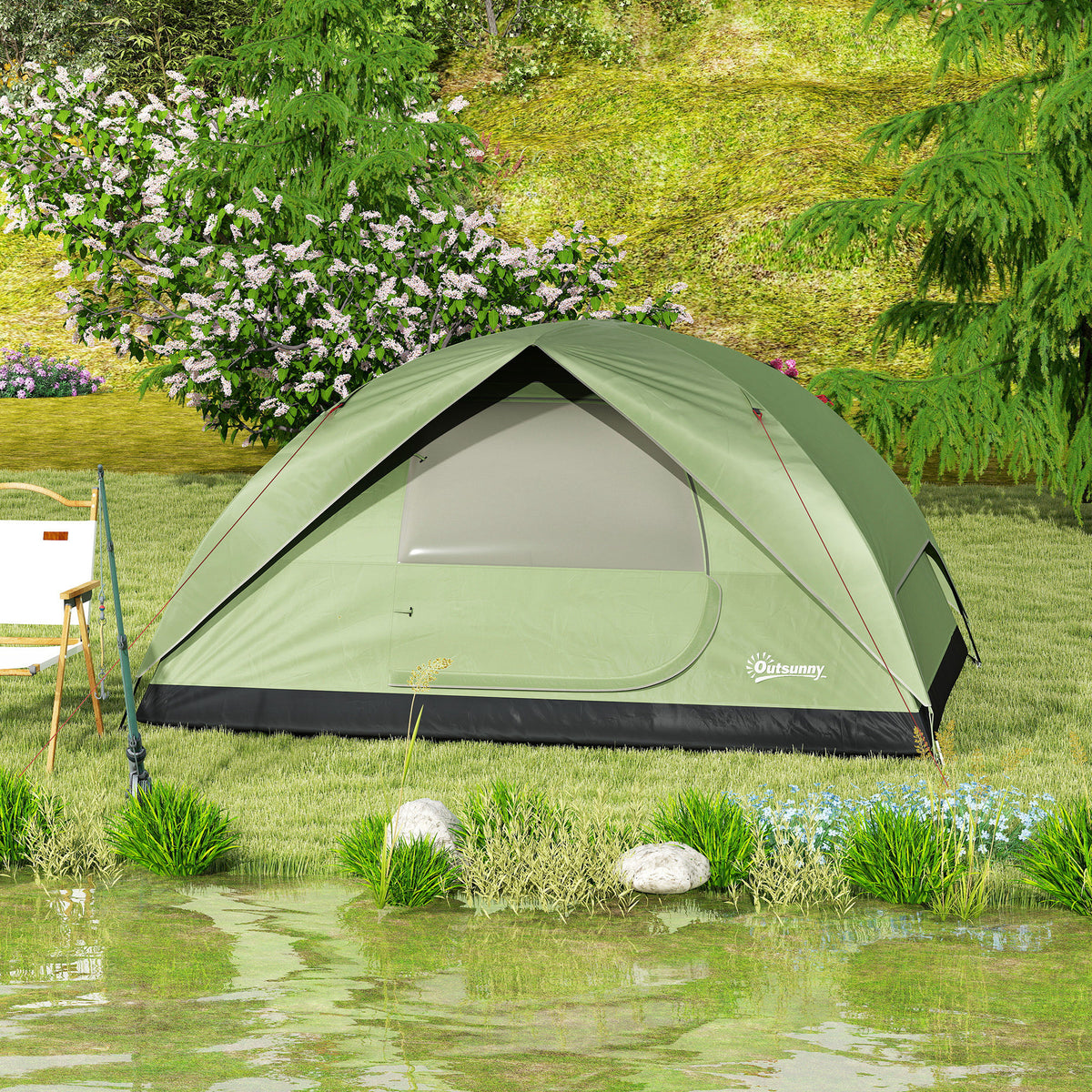 Outsunny Campingzelt für 3 Personen Wasserdicht mit Taschen, Lampenhaken und Tragetasche, Grün