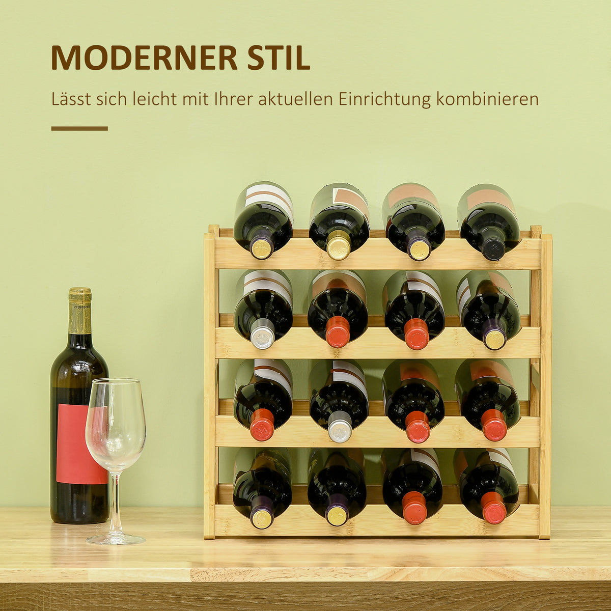 HOMCOM Weinregal aus Bambus für 16  Weinflaschen, 4 Regale, 43 cm x 23,5 cm x 38 cm Natur