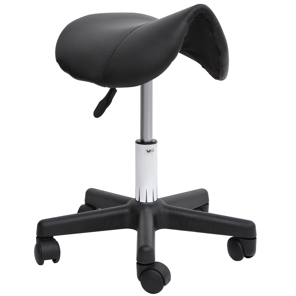HOMCOM Rollhocker, sattelförmiger Sitz, höhenverstellbar, um 360° drehbar, Kunstleder, schwarz, 35 x 38 x 45-55 cm