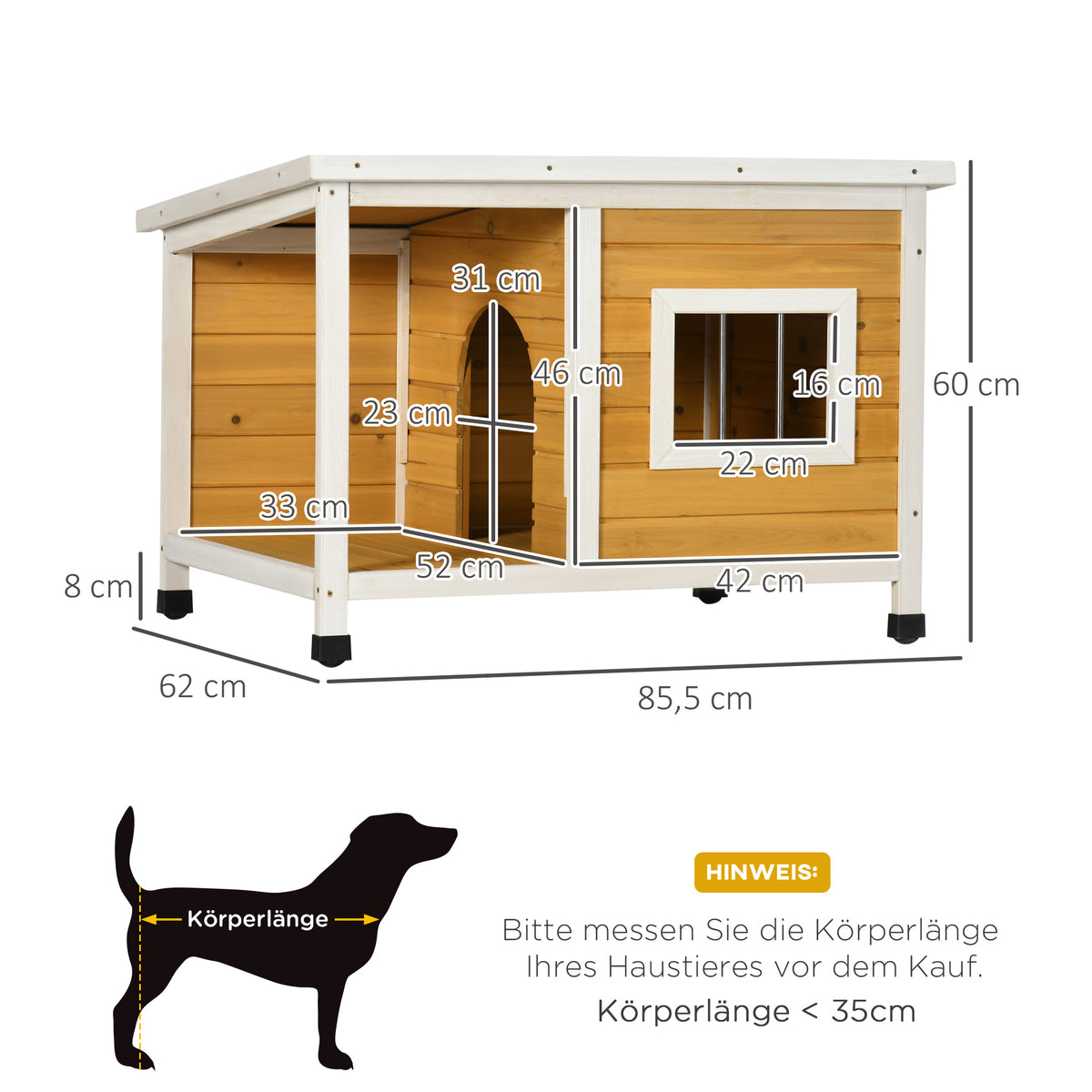 PawHut Hundehütte mit Veranda, aufklappbares Dach, Fenster, verstellbare Füße, Naturholz, orange, 85,5 x 62 x 60 cm