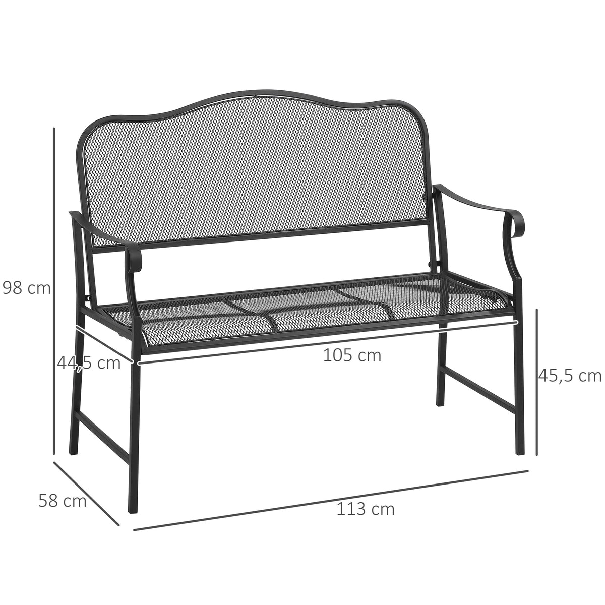 Outsunny Nostalgische Gartenbank aus Metall,  2-Sitzer, wetterbeständig, schwarz, 113 cm x 58 cm x 98 cm