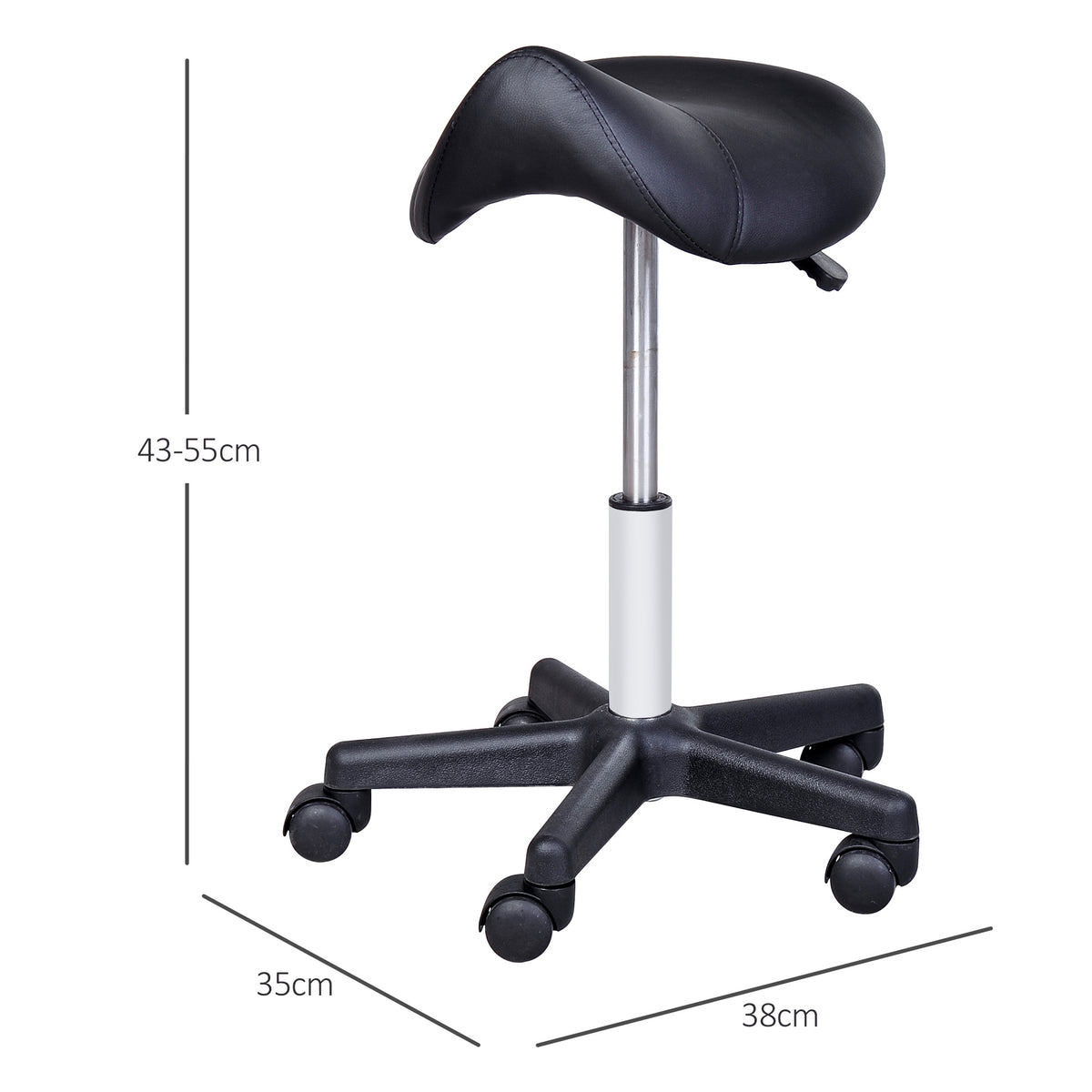 HOMCOM Rollhocker, sattelförmiger Sitz, höhenverstellbar, um 360° drehbar, Kunstleder, schwarz, 35 x 38 x 45-55 cm