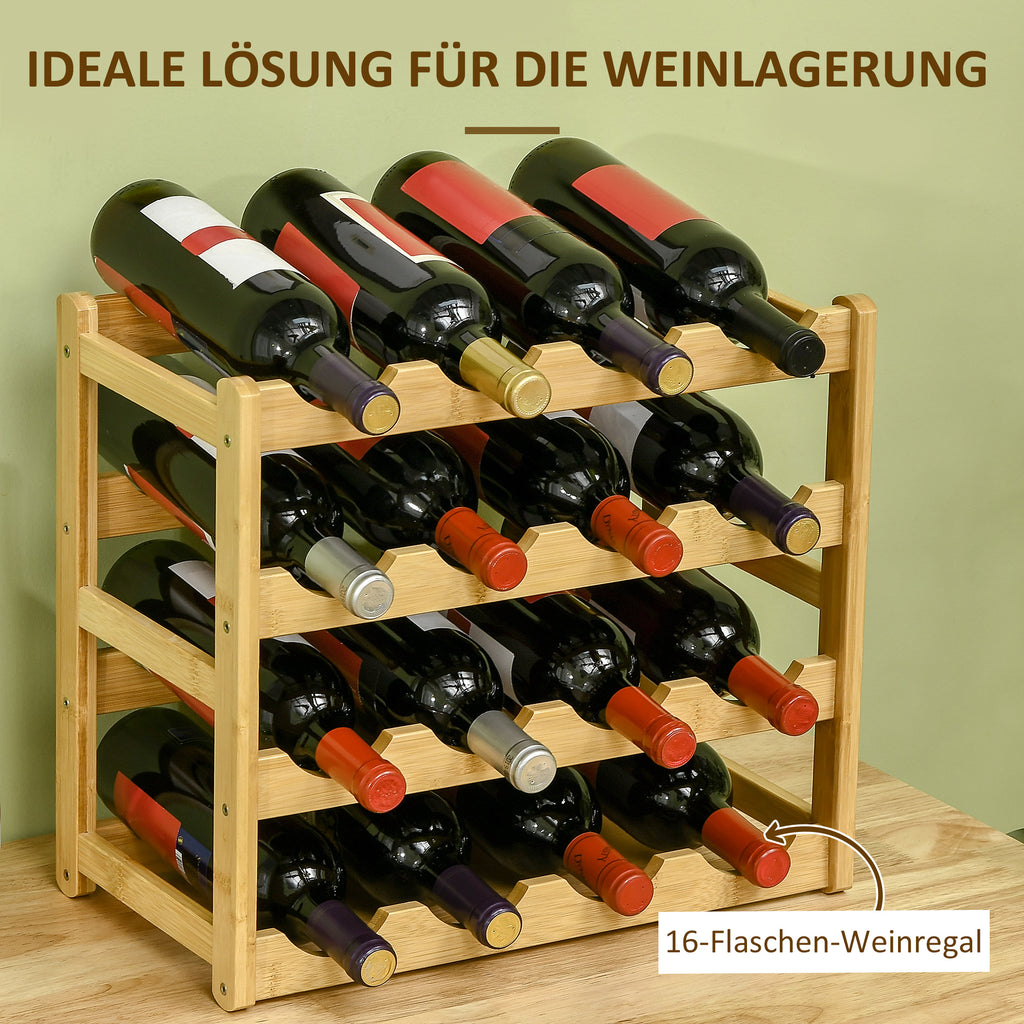 HOMCOM Weinregal aus Bambus für 16  Weinflaschen, 4 Regale, 43 cm x 23,5 cm x 38 cm Natur